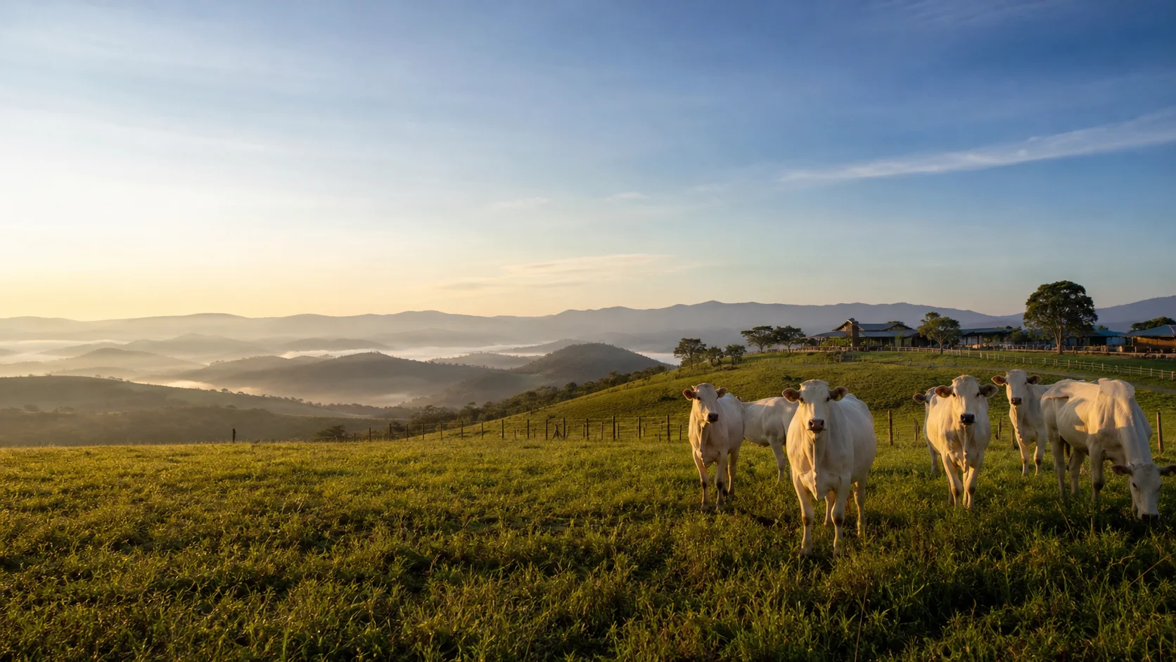 Gado em pastagem ao amanhecer